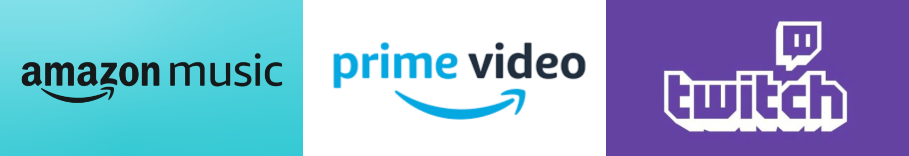 Logos for Amazon Music, Prime Video and Twitch