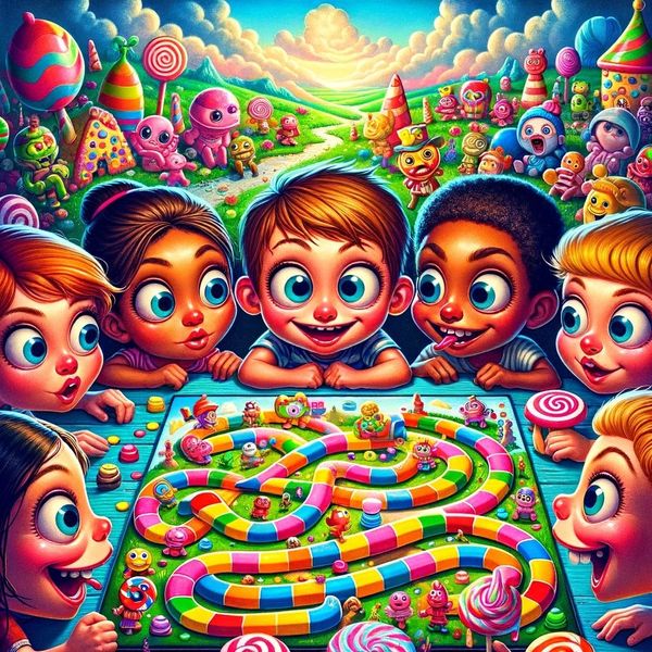 An unnerving illustration of wide-eyed children playing a game of Candy Land